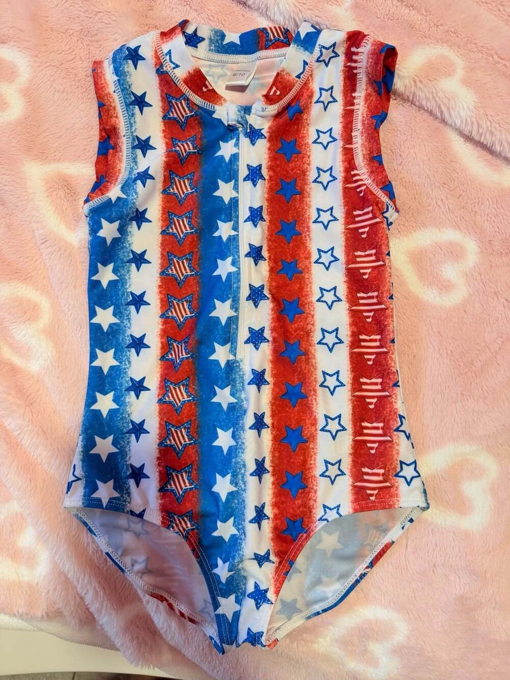 Girls Patriotic Stars and Stripes Sleeveless Zip Front Swimsuit
